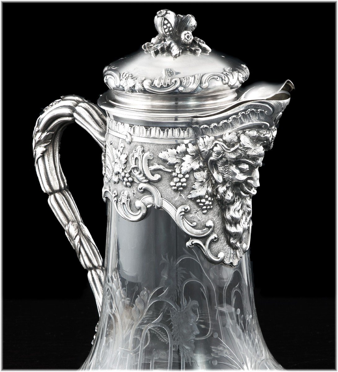 Georges Boin: Large Ewer / Claret Jug In Sterling Silver & Vermeil Crystal - Mascarons-photo-6