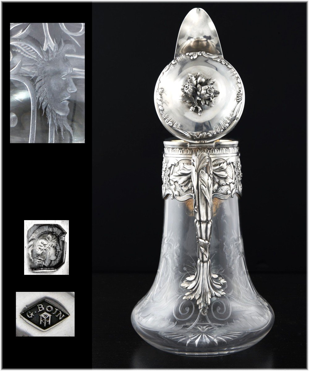 Georges Boin: Large Ewer / Claret Jug In Sterling Silver & Vermeil Crystal - Mascarons-photo-7