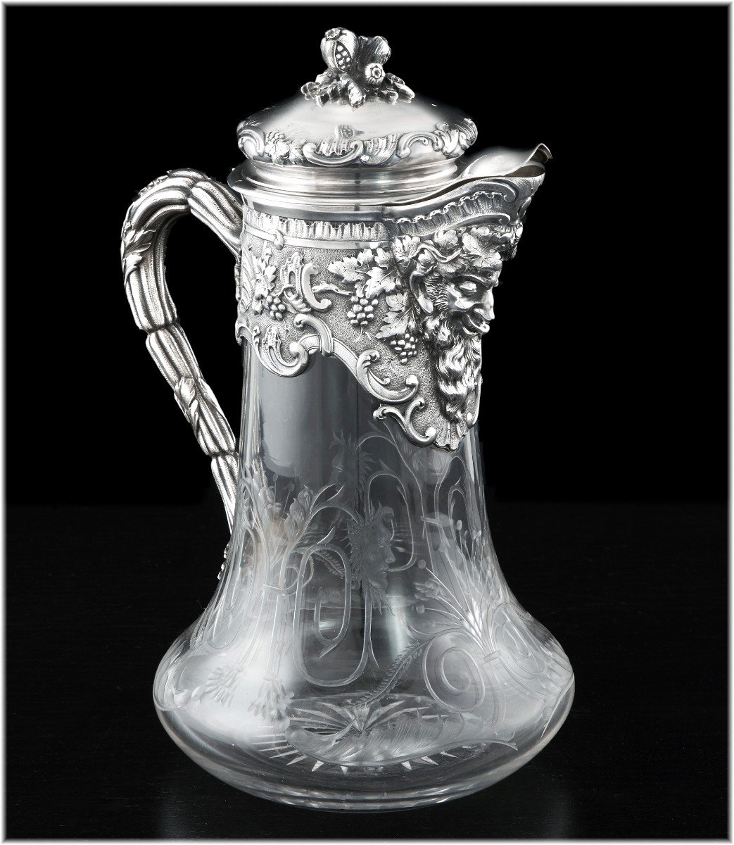 Georges Boin: Large Ewer / Claret Jug In Sterling Silver & Vermeil Crystal - Mascarons