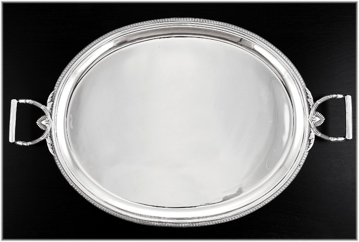 Henin & Cie : Large Empire Style Oval Sterling Silver Oval Serving Tray-photo-3