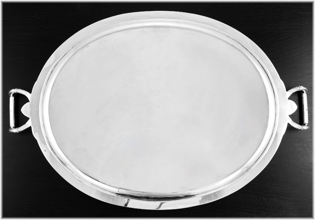 Henin & Cie : Large Empire Style Oval Sterling Silver Oval Serving Tray-photo-1