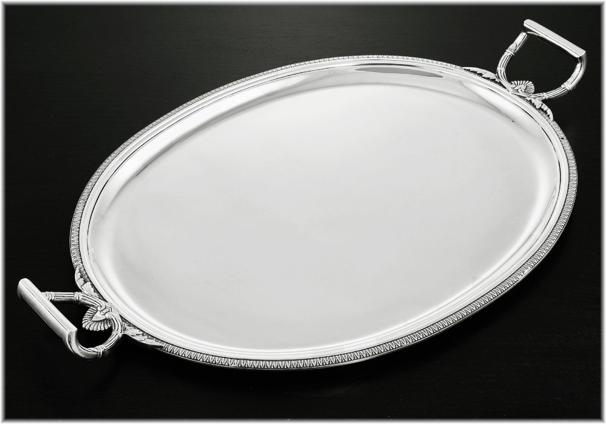 Henin & Cie : Large Empire Style Oval Sterling Silver Oval Serving Tray