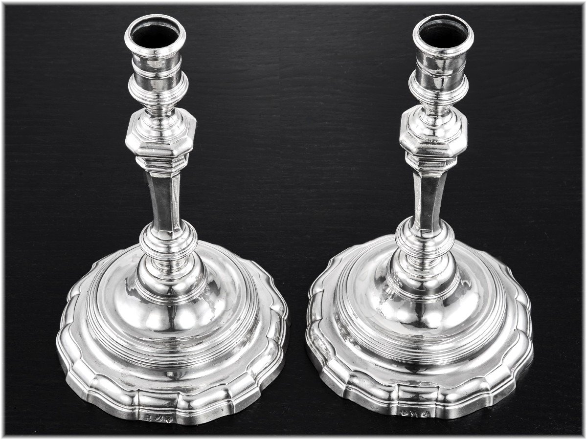 Corde : Rare Pair Of Louis XV Solid Silver Candlesticks Brittany +1.2kg Lorient 1759-66-photo-2