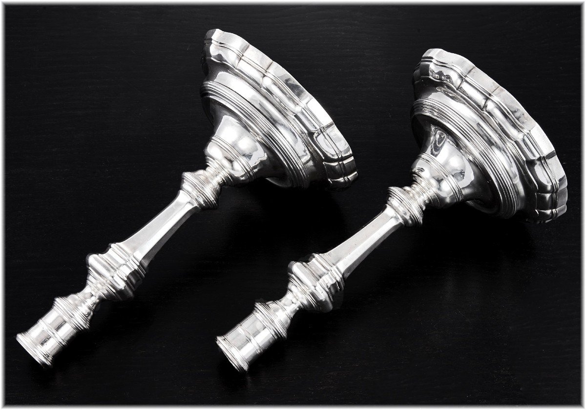 Corde : Rare Pair Of Louis XV Solid Silver Candlesticks Brittany +1.2kg Lorient 1759-66-photo-2