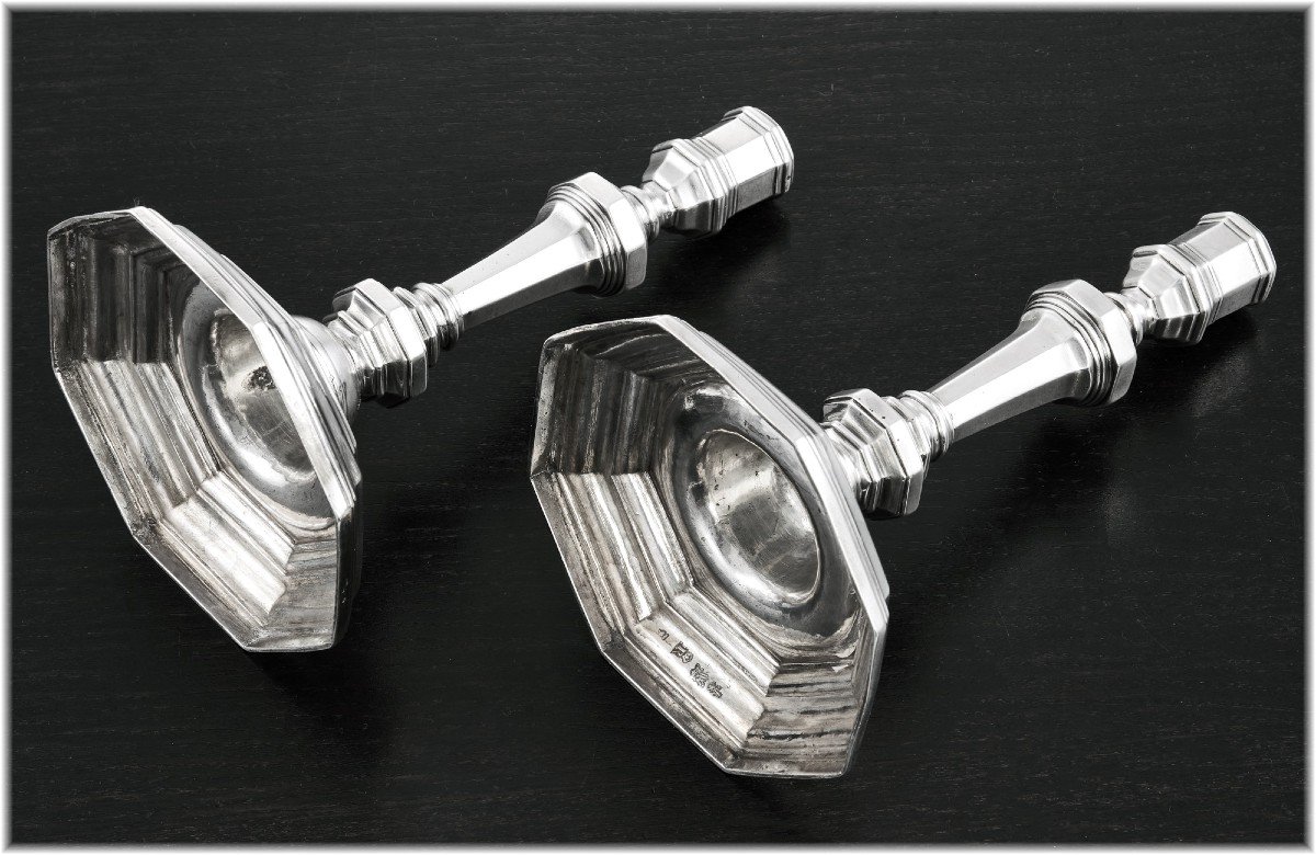 Nicolas Bedane : Rare Pair Of 18th Century French Solid Silver Candlesticks Angers 1732-photo-4