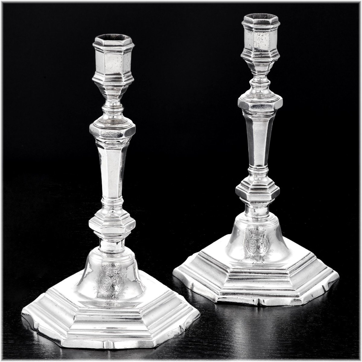 Le Tailleur : Rare Pair Of Solid Silver Candlesticks With Coat Of Arms - Rennes 1747-photo-4