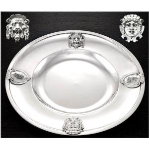Jules Piault : Rare Oval Renaissance Style French Sterling Silver Platter Mascaron, Lion