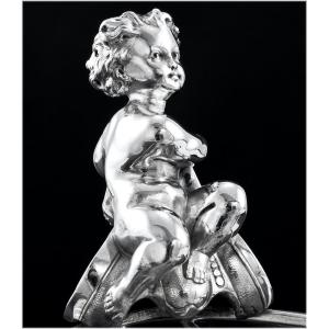 HUNT &amp; ROSKELL :  Rare Panier / Pr&eacute;sentoir en Argent massif Cristal Grav&eacute; Londres 1873 - PUTTO