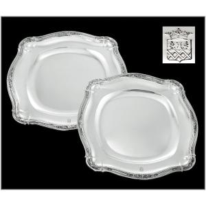 PUIFORCAT : Paire grand Plats carrés en Argent massif St Louis XV - ARMOIRIES