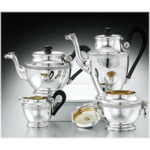 Paul Canaux : Empire Style Tea - Coffee Set In Sterling Silver And Vermeii Mascarons