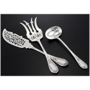 Puiforcat : Antique French Sterling Silver Fish Serving Set With Sauce Spoon - Louis XV Pattern