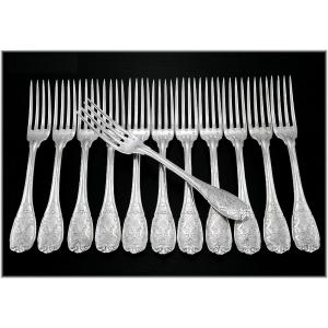 Puiforcat: Set Of 12 Solid Silver Table Forks In Regency Style, Elysee Model