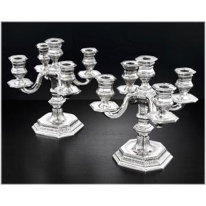 Tetard Frères: Pair Of Regency Style Sterling Silver Candelabras  - Bérain Decor