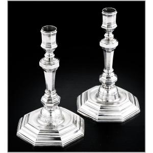 Nicolas Bedane : Rare Pair Of 18th Century French Solid Silver Candlesticks Angers 1732