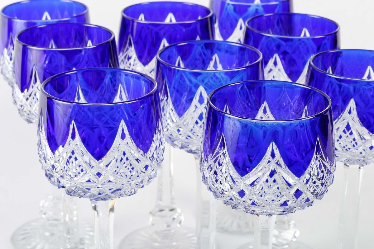 Cristallerie De  Baccarat, 9 Cobalt Blue Roemers Glasses, Colbert Model-photo-2