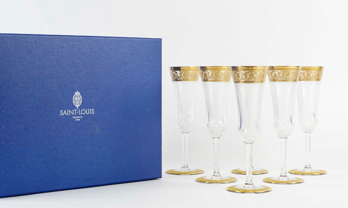 Cristallerie Saint Louis Set Of 6 Flutes “thistle Gold” Model-photo-4