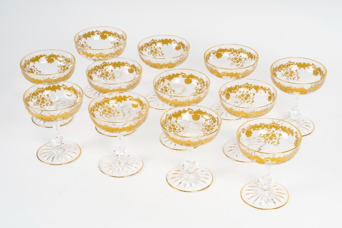 Cristallerie De Saint Louis Massenet Model 12 Golden Champagne Glasses-photo-3