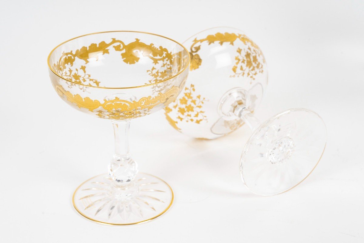 Cristallerie De Saint Louis Massenet Model 12 Golden Champagne Glasses-photo-4