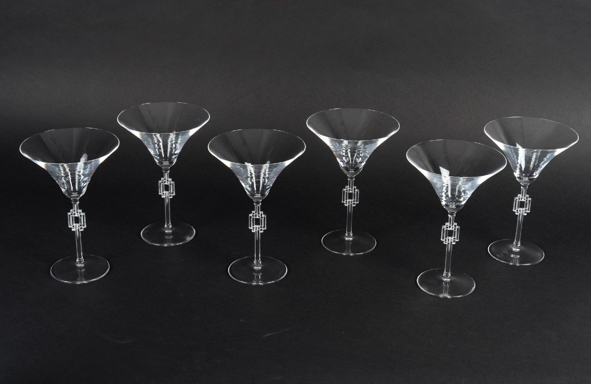 Maison Lalique France 6 Champagne Glasses Model "tosca Or Hagueneau"-photo-2