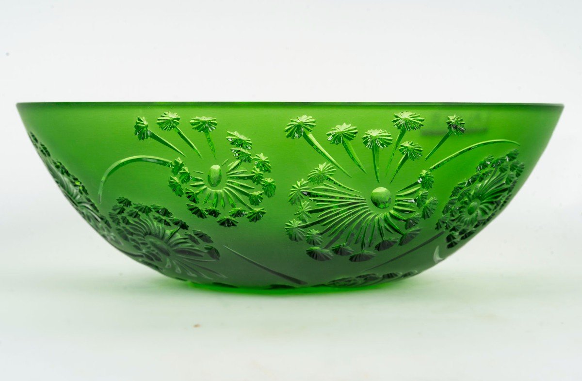 Maison Lalique France Green Bowl With Dandelion Flower Decor-photo-3