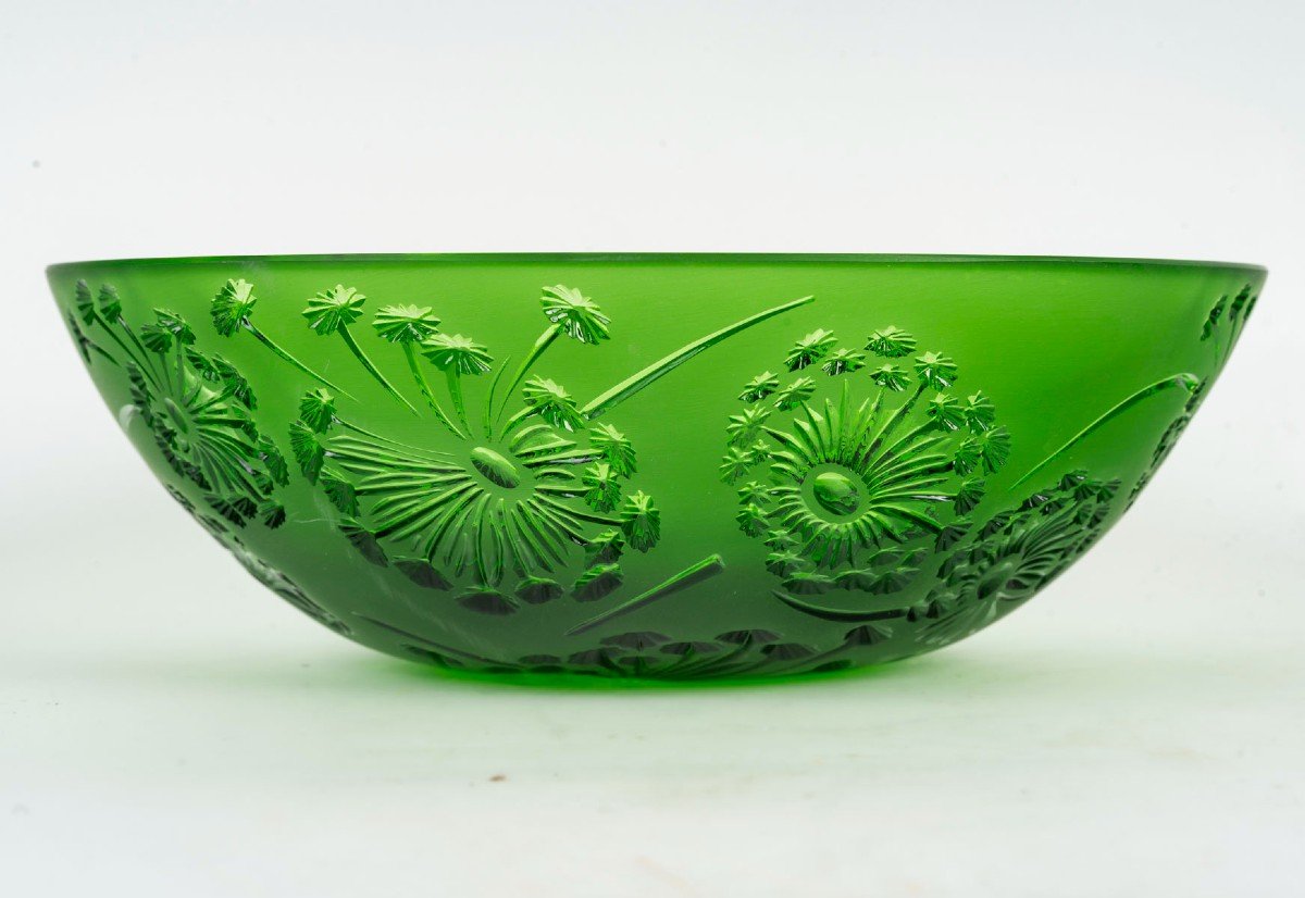 Maison Lalique France Green Bowl With Dandelion Flower Decor-photo-4