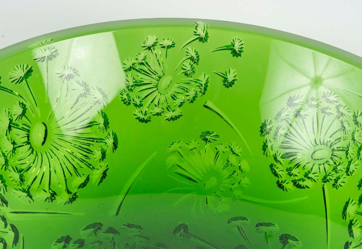 Maison Lalique France Green Bowl With Dandelion Flower Decor-photo-2