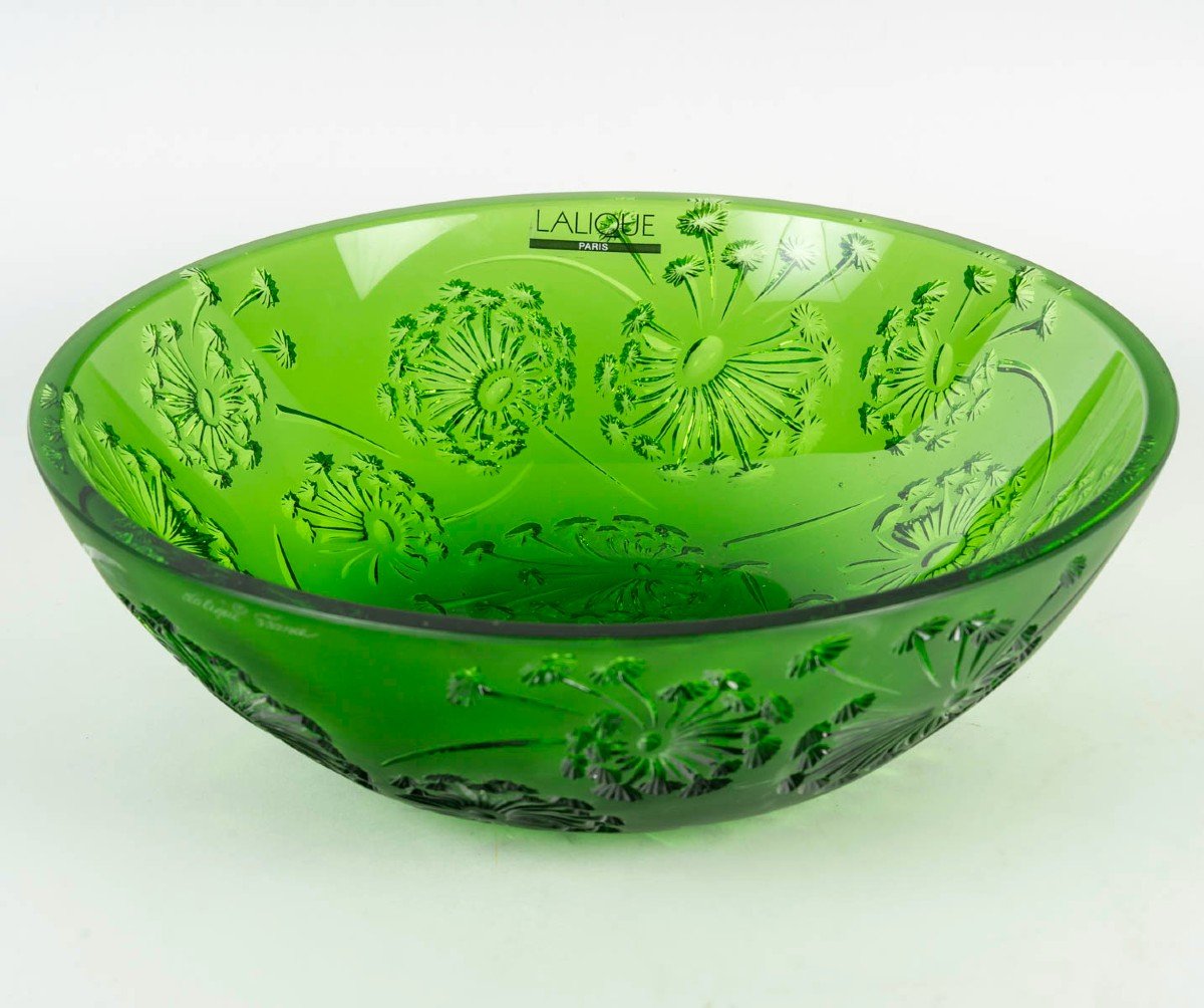 Maison Lalique France Green Bowl With Dandelion Flower Decor