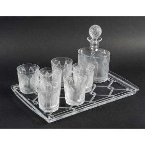 Maison Lalique France Whiskey Service Model "antique Women" And "saint-malo" Tray