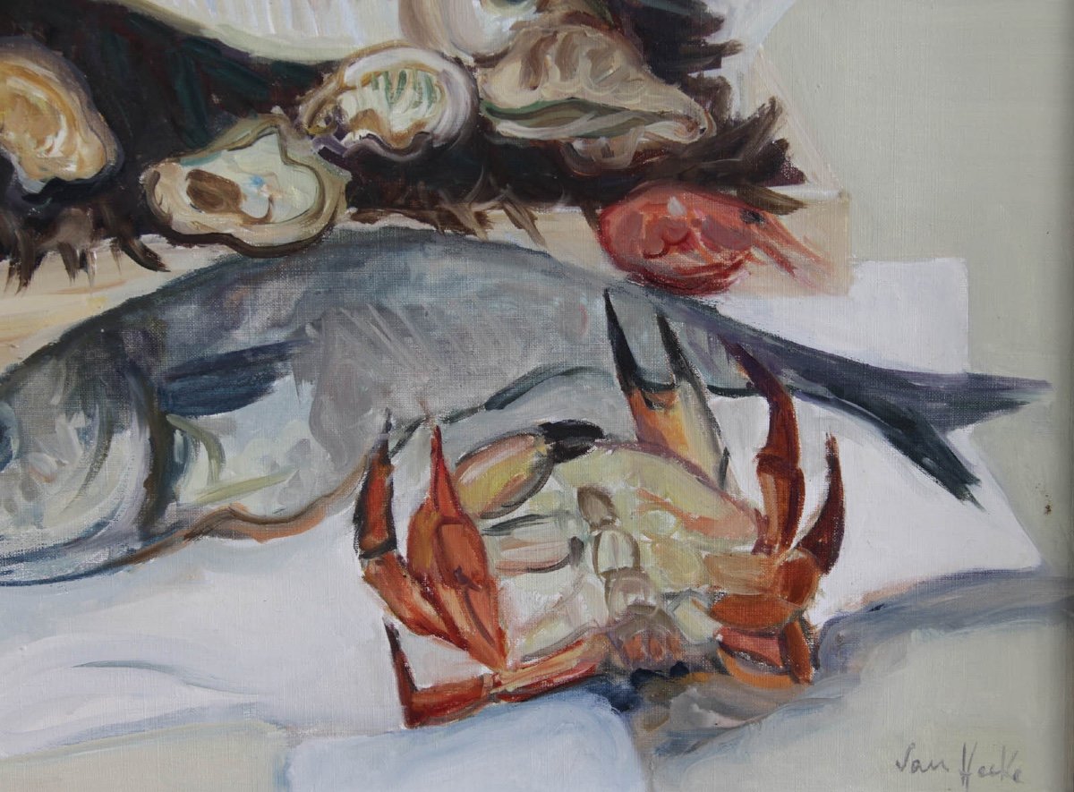 Arthur Van Hecke (1924-2003) : Nature Morte Aux Poissons-photo-4