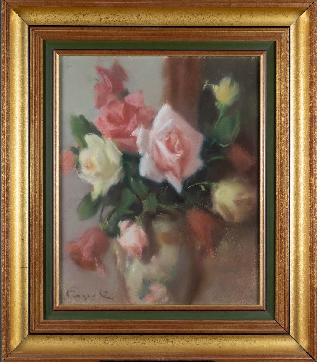 Ferdinand Fargeot (1180-1957): Bouquet Of Roses In A Vase-photo-2