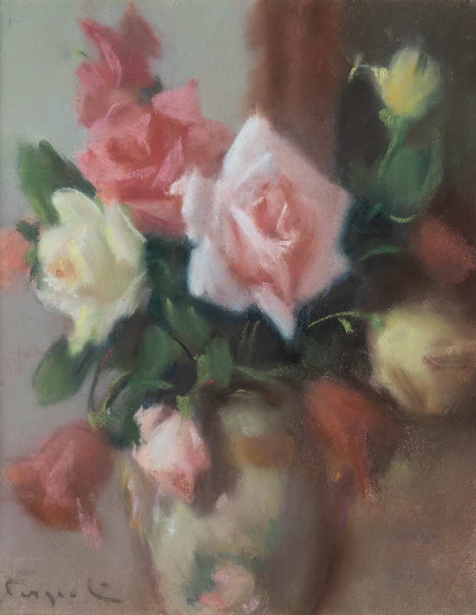 Ferdinand Fargeot (1180-1957): Bouquet Of Roses In A Vase-photo-1