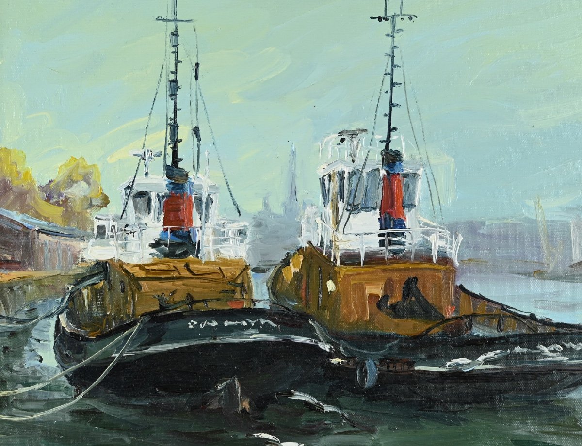 Jean Quéméré (born In 1942): Rouen, Tugboats At Quay-photo-3