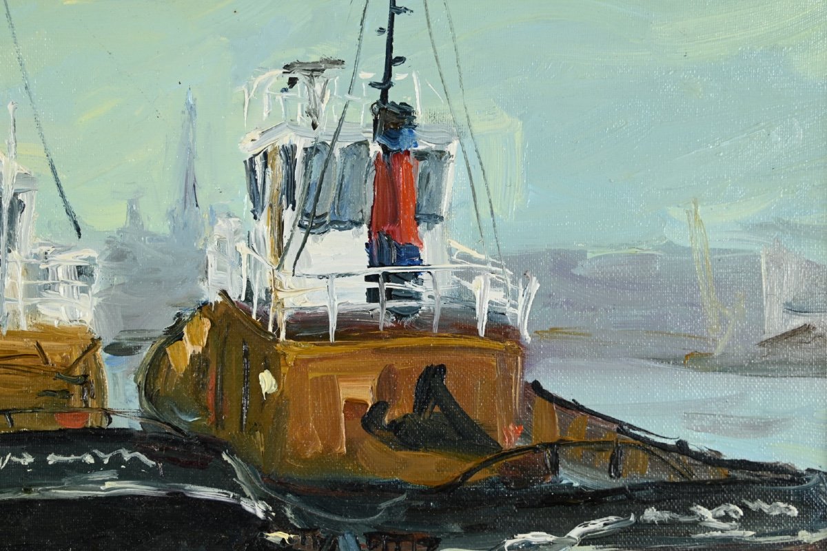 Jean Quéméré (born In 1942): Rouen, Tugboats At Quay-photo-2