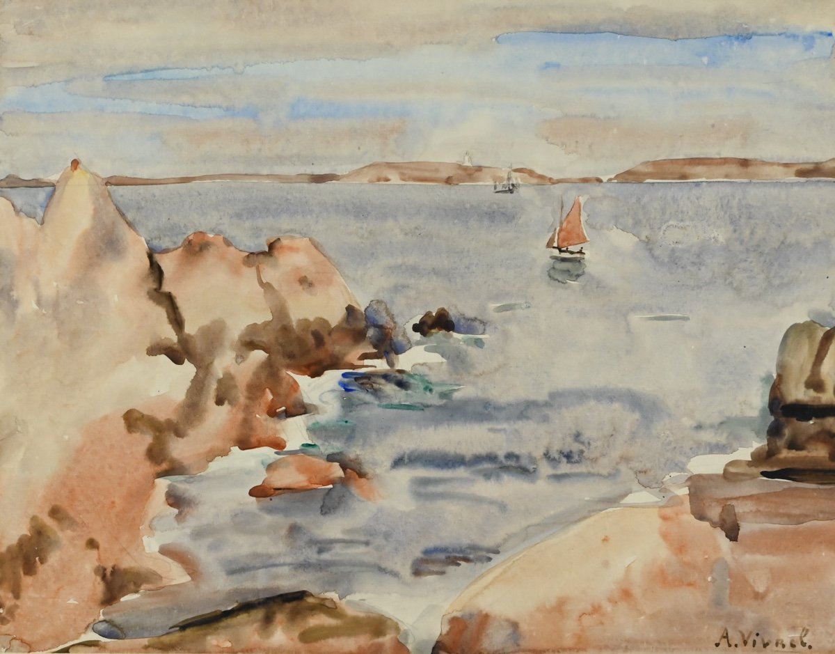  André-léon Vivrel (1886 - 1976): Brittany, The Red Sail -photo-1