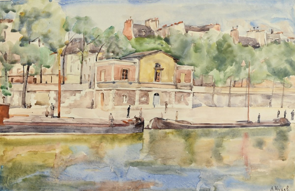  André-léon Vivrel (1886 - 1976): Paris, Barges At The Quays-photo-1