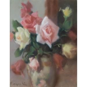 Ferdinand Fargeot (1180-1957) : Bouquet De Roses Dans Un Vase