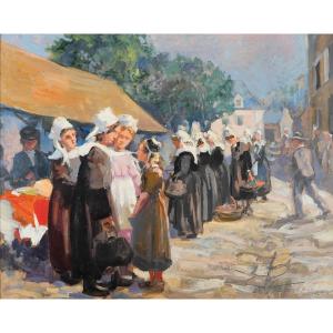 Ecole Bretonne 19e : Scène De Marché