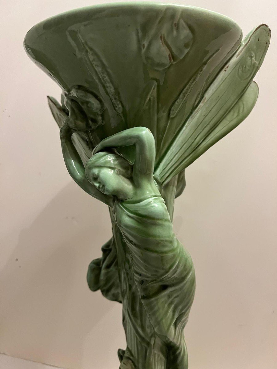 Art Nouveau Vase Dragonfly Woman Clément Massier 1847 To 1917.-photo-2