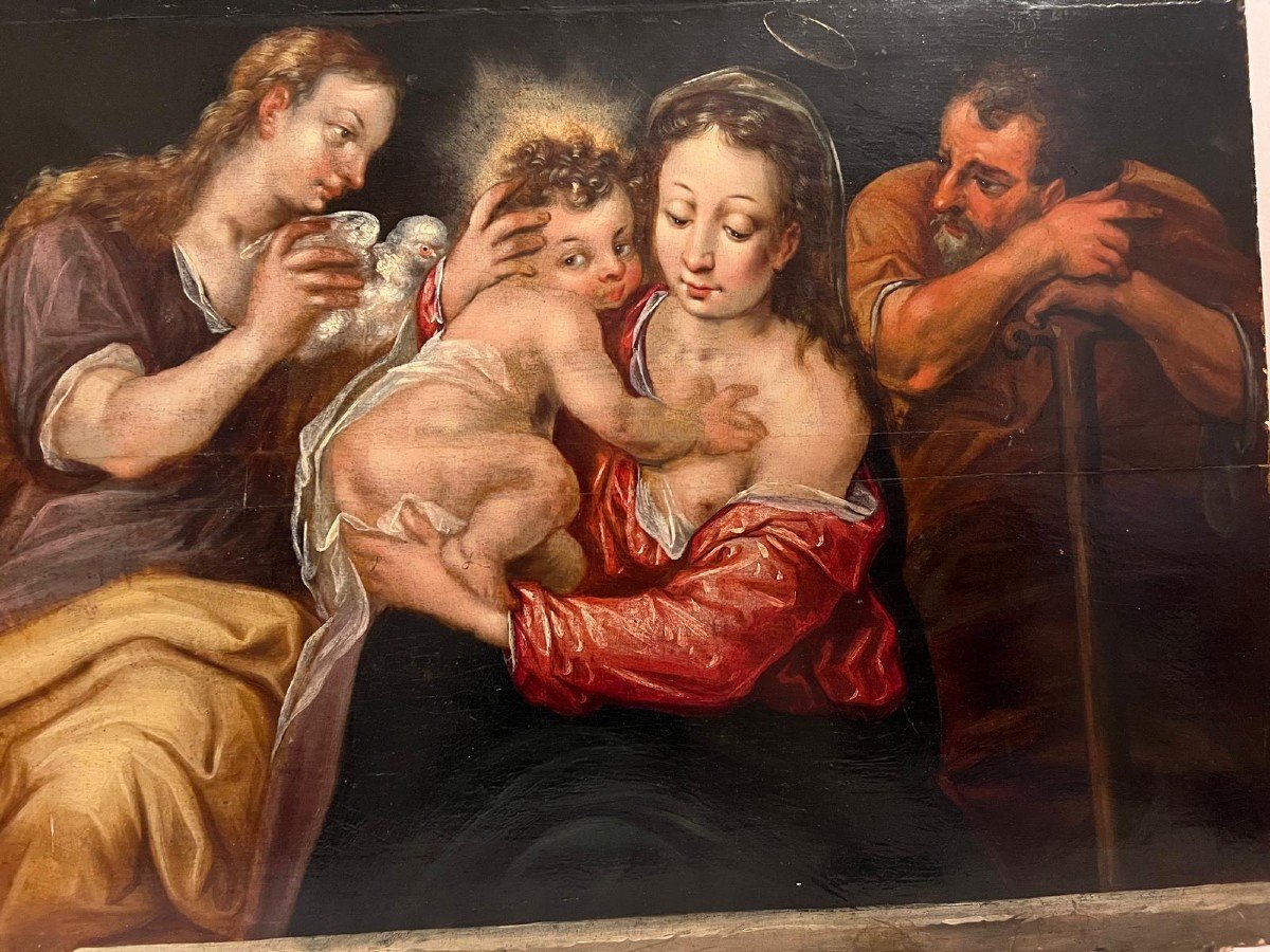 16th Century Painting, Holy Family, Oil On Panel. -photo-4