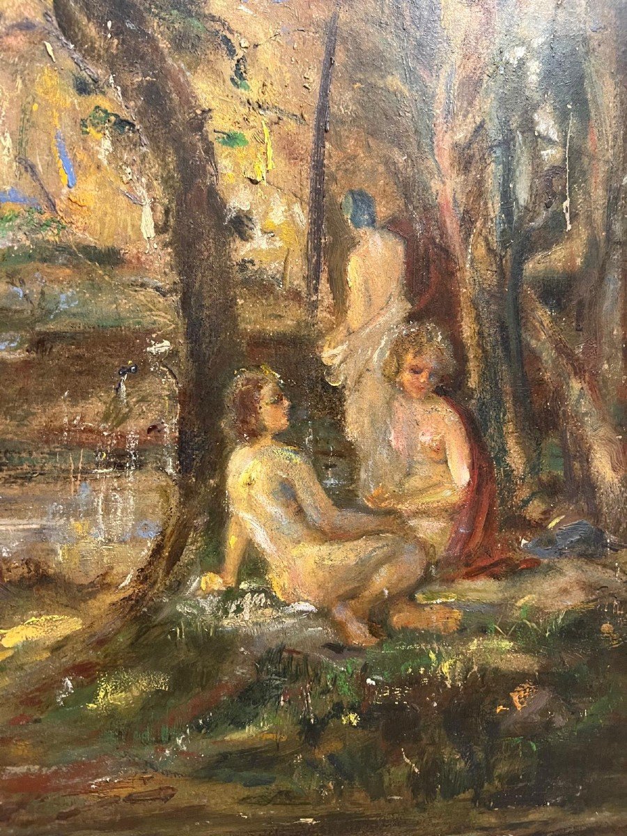 Painting Of Naked Women In The Forest. Oil On Cardboard -photo-4