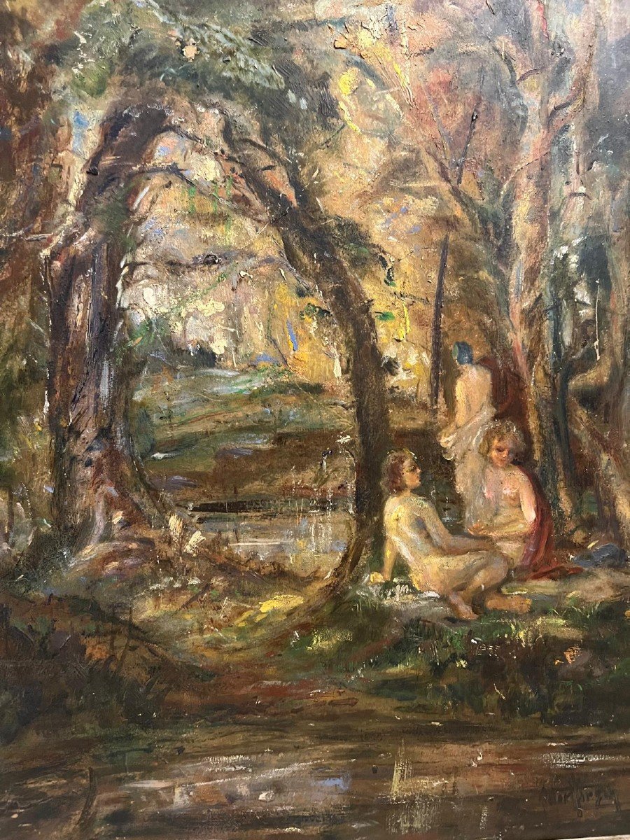 Painting Of Naked Women In The Forest. Oil On Cardboard -photo-2