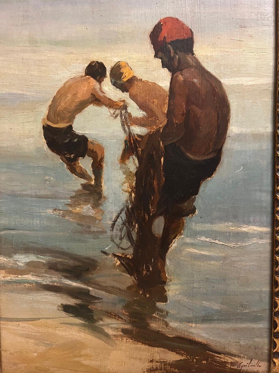 Painting The Fishermen With The Net, Signed Illegible. -photo-3