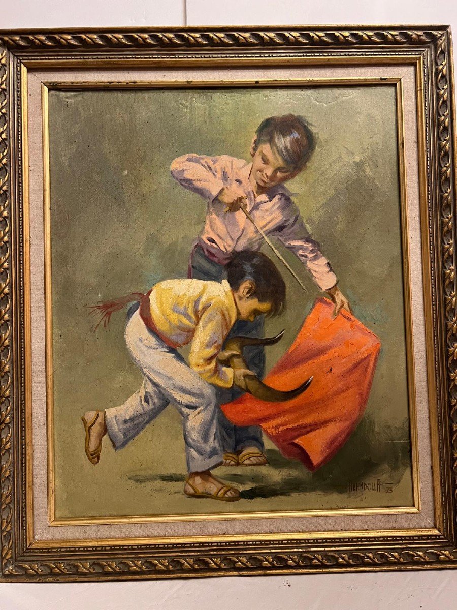 Painting Signed Luiz Amendolla, Child Playing Bullfighter. -photo-3