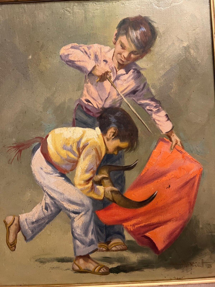 Painting Signed Luiz Amendolla, Child Playing Bullfighter. -photo-2