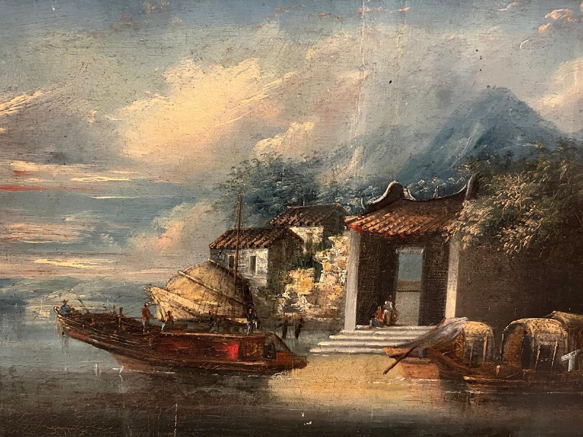 Tableau Vietnamien Paysage Lacuste-barques. -photo-2