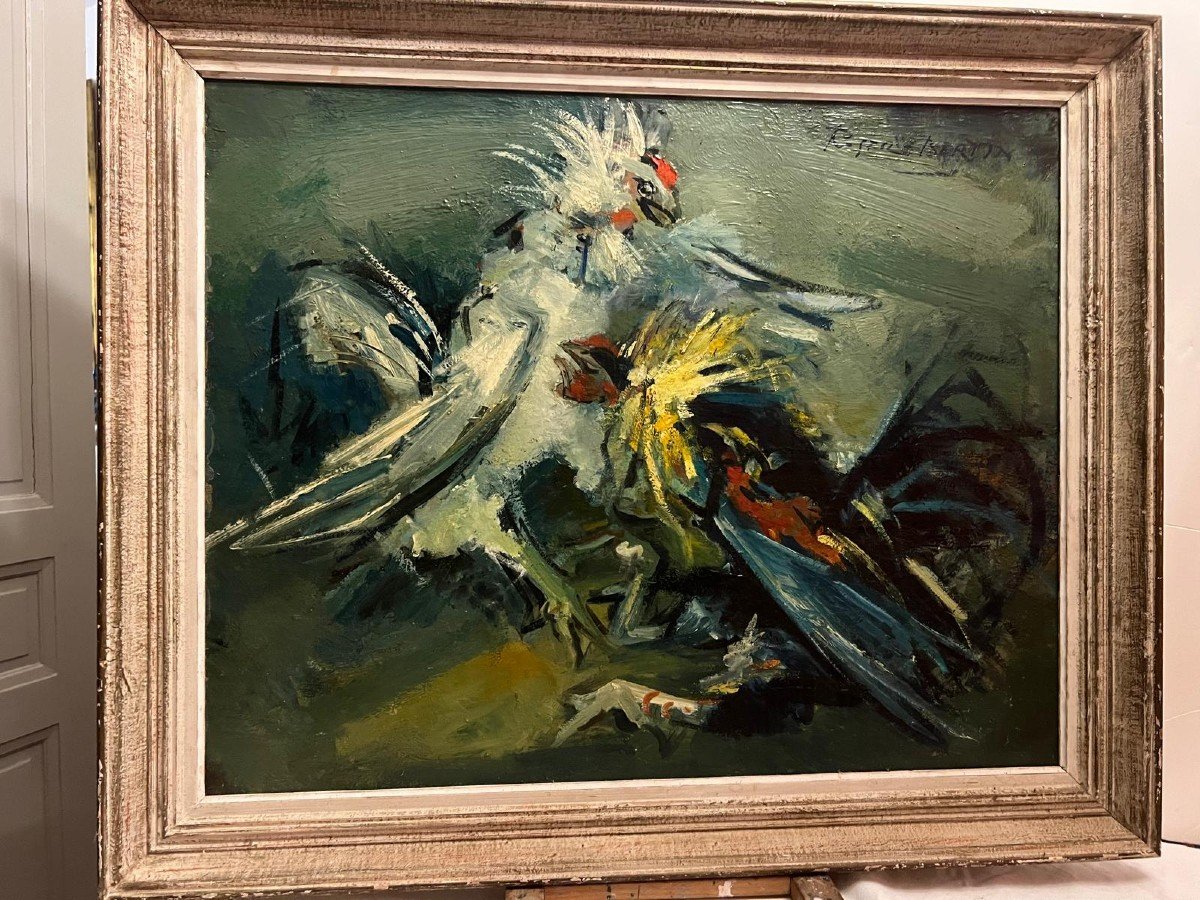 Painting Signed Roger 1915-2003, Battle Of Cocks. -photo-3