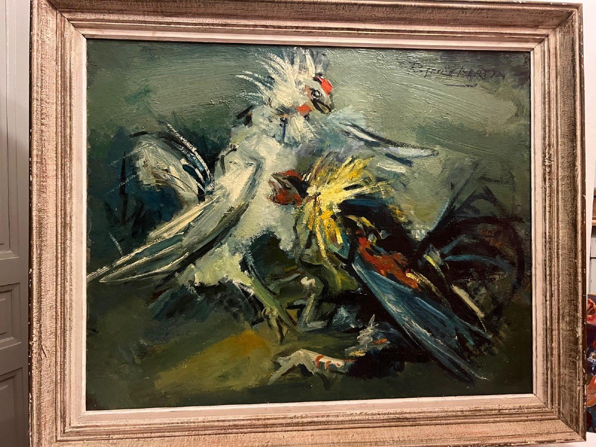 Painting Signed Roger 1915-2003, Battle Of Cocks. -photo-1