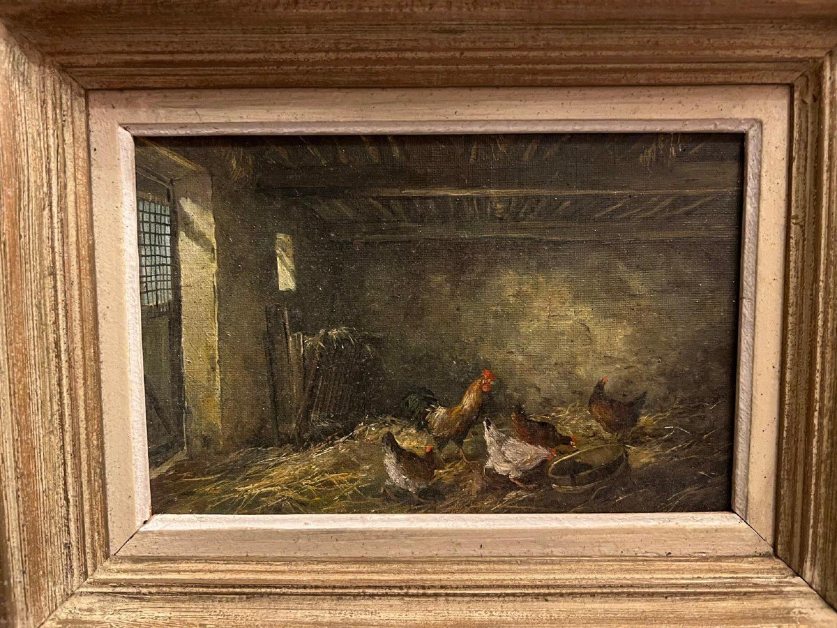 Rooster Painting, + Hens, Oil On Canvas Old Mounted On Wood "not Copy"-photo-2