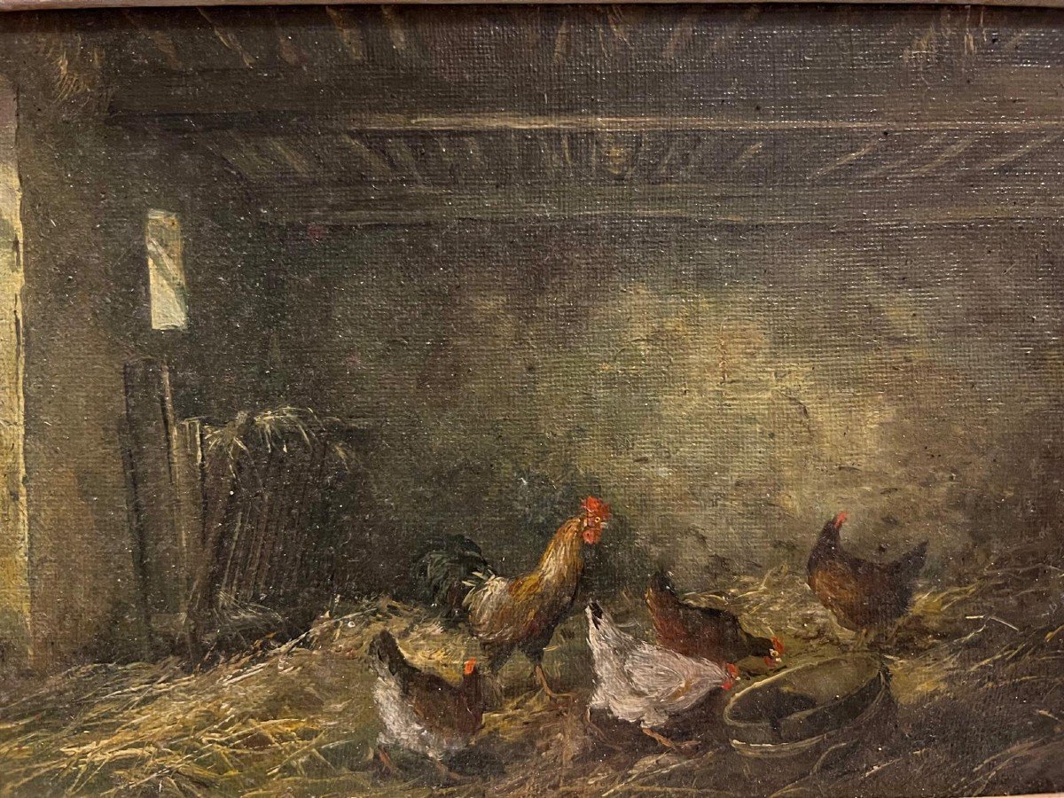 Tableau Coq, +  Poules, Huile Sur Toile Ancien Marouflé Sur Bois " Pas Copie "-photo-3