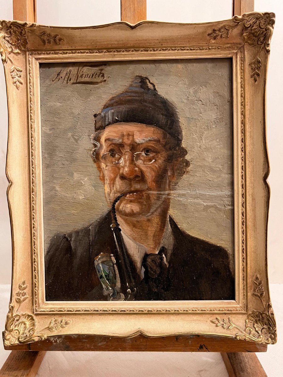 Painting Portrait Of Man With Pipe Oil On, Signed Illegible. -photo-1